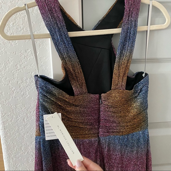 NWT Monique Lhuillier Halterneck Rainbow Shine Metallic Midi Dress - Picture 6 of 7